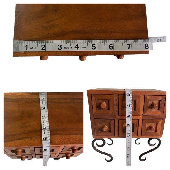 Balinese Wooden Jewelry Box Has 6 Distinct Pull Out Drawers on Wrought Iron Legs - Picture 11 of 16